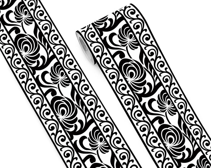FLFK Wallpaper Border - Black and White Peel and Stick Wall Borders Decal Trim Floral Pattern 7" x 240" - Image 1